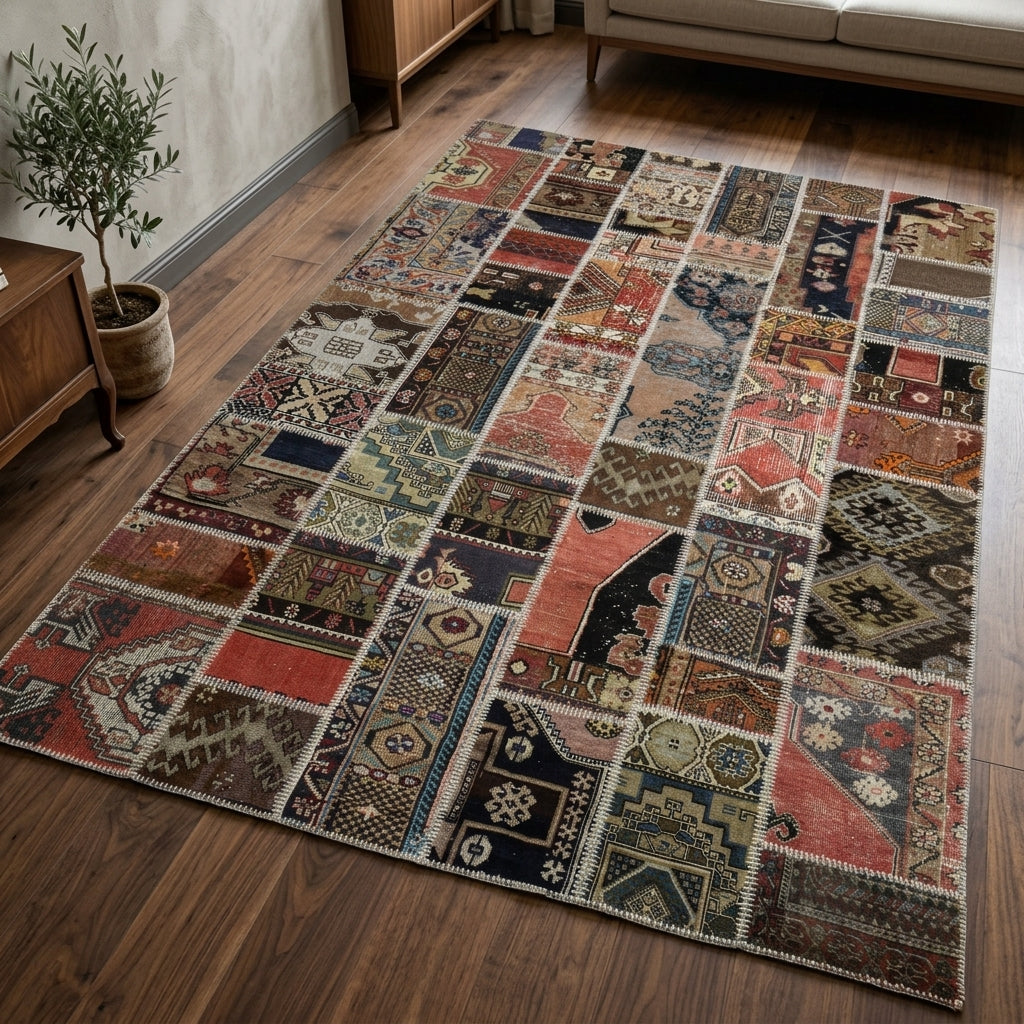 Oriental pattern on the Azadeh vintage patchwork area rug – handmade in Anatolia, Turkey