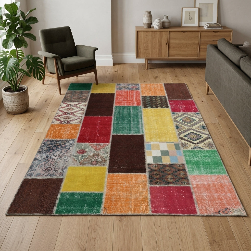 Solid pattern on the Aydeniz vintage patchwork area rug – handmade in Anatolia, Turkey