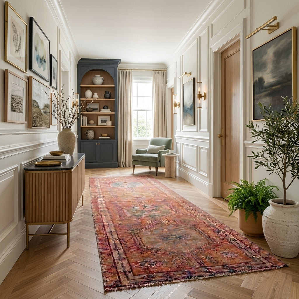 Oriental pattern on the Aybuke vintage patchwork area rug – handmade in Anatolia, Turkey