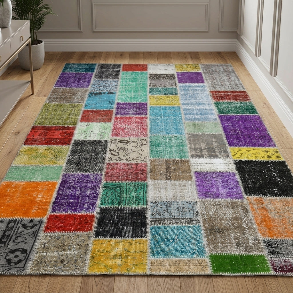 Oriental pattern on the Aybahar vintage patchwork area rug – handmade in Anatolia, Turkey