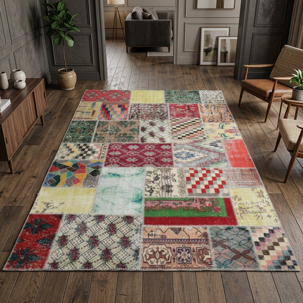 Oriental pattern on the Ayanis vintage patchwork area rug – handmade in Anatolia, Turkey