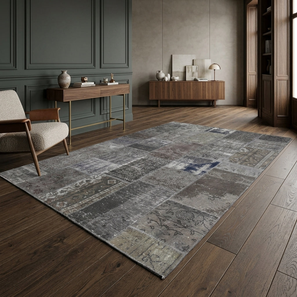 Floral pattern on the Chrysophile vintage patchwork area rug – handmade in Anatolia, Turkey