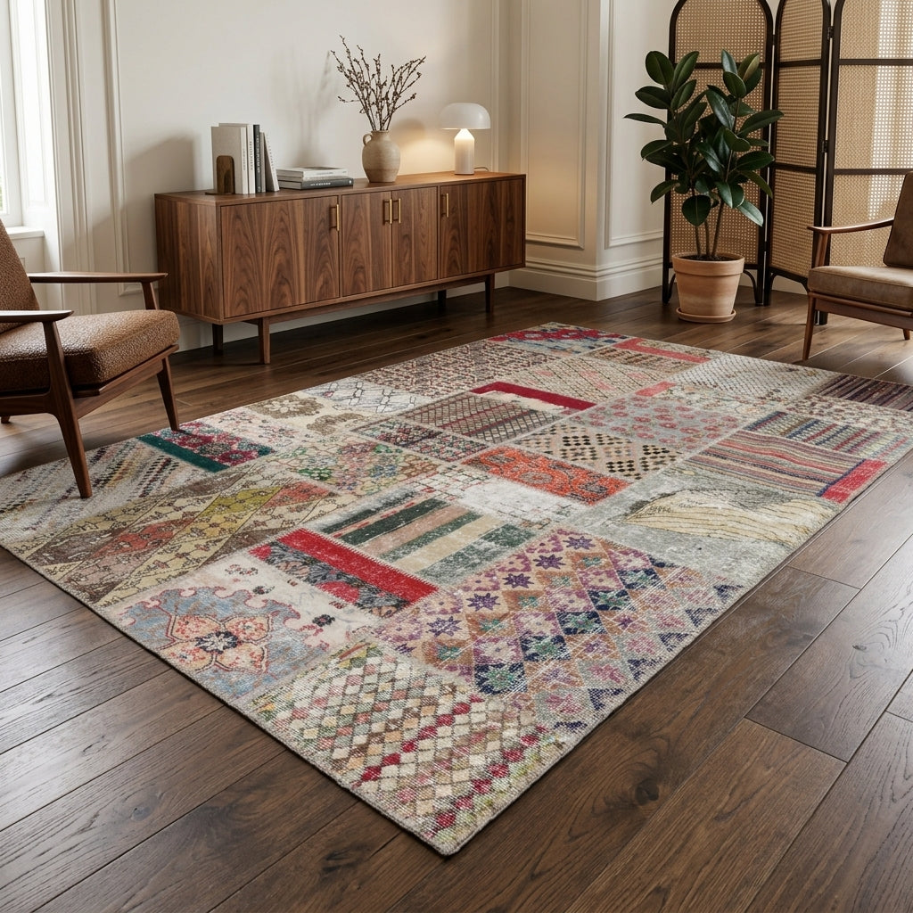 Oriental pattern on the Chrysomelpe vintage patchwork area rug – handmade in Anatolia, Turkey