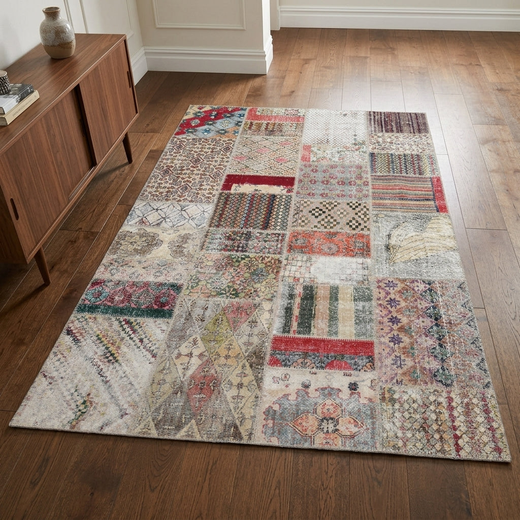Oriental pattern on the Chrysomelpe vintage patchwork area rug – handmade in Anatolia, Turkey