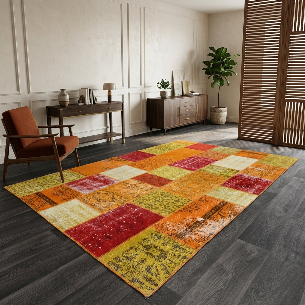 Floral pattern on the Charitomira vintage patchwork area rug – handmade in Anatolia, Turkey