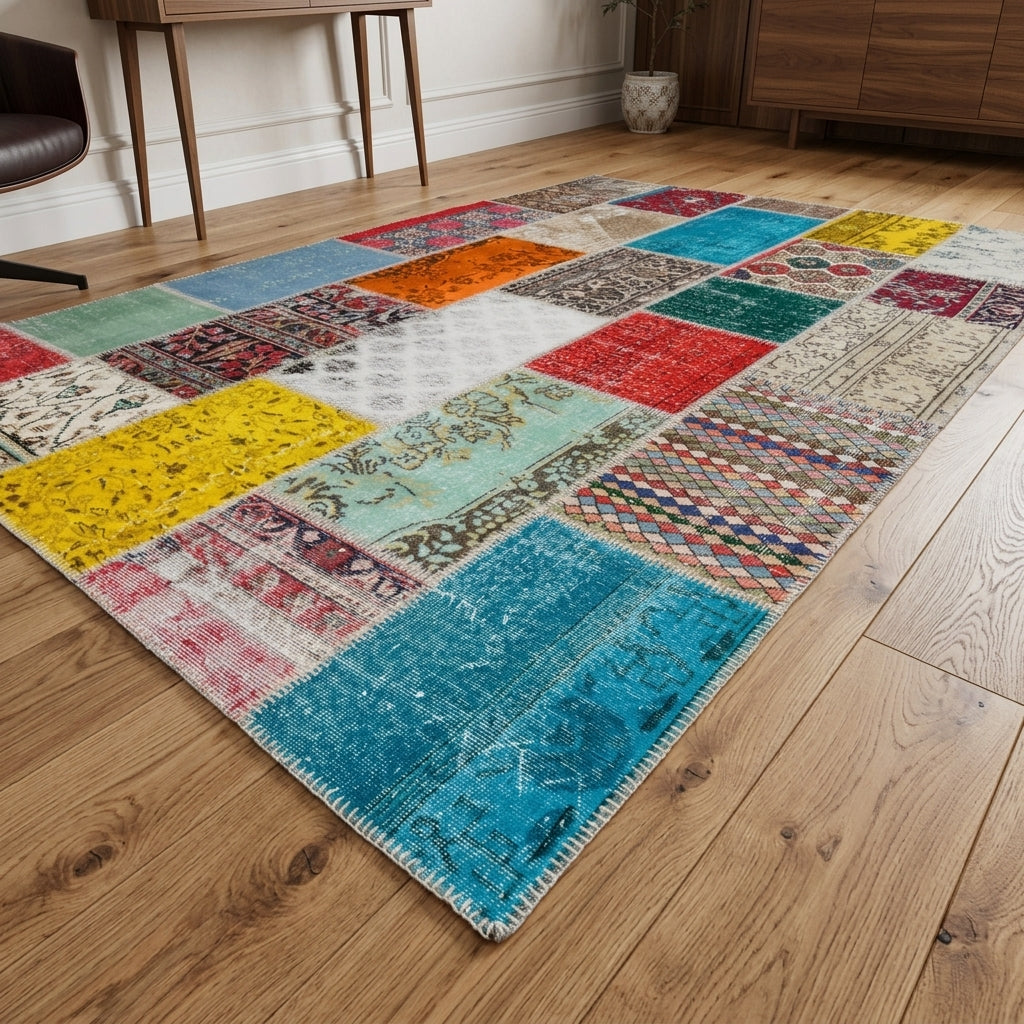 Solid pattern on the Charitomene vintage patchwork area rug – handmade in Anatolia, Turkey