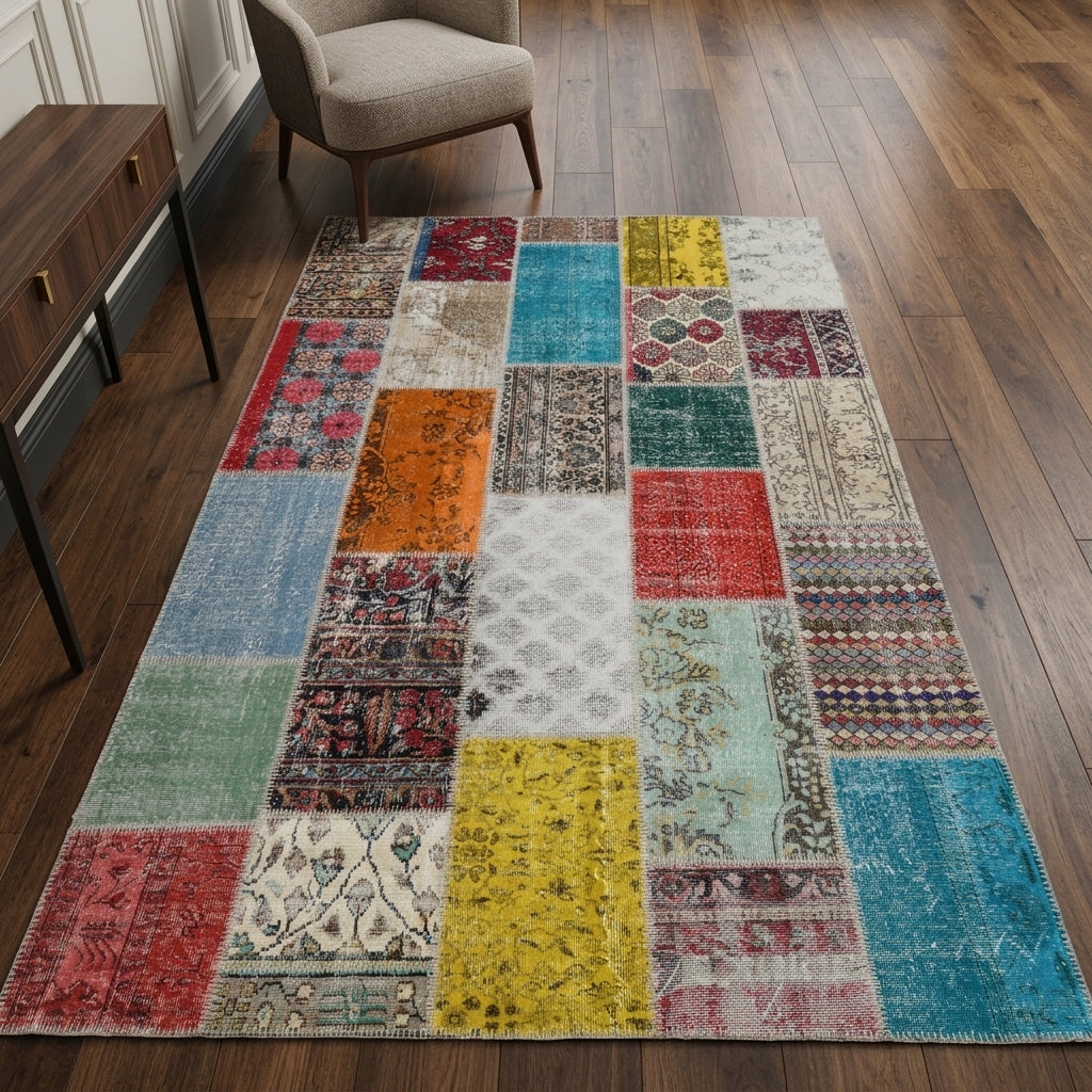 Solid pattern on the Charitomene vintage patchwork area rug – handmade in Anatolia, Turkey