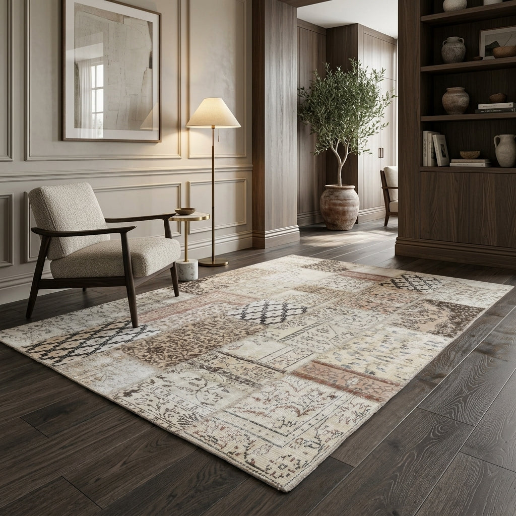 Oriental pattern on the Ceydadil vintage patchwork area rug – handmade in Anatolia, Turkey