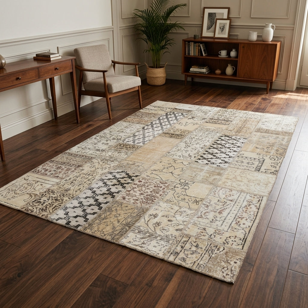 Oriental pattern on the Ceydadeniz vintage patchwork area rug – handmade in Anatolia, Turkey