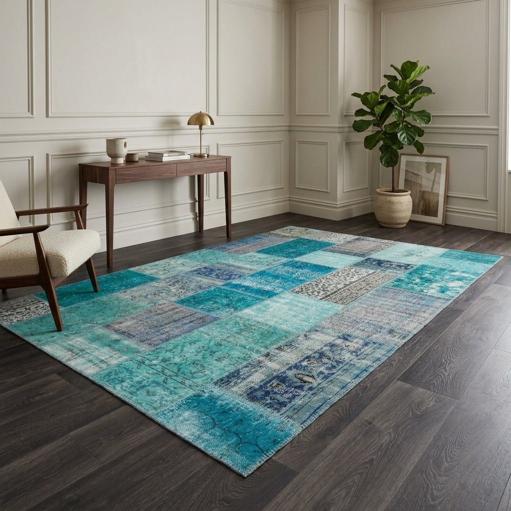 Oriental pattern on the Ceren vintage patchwork area rug – handmade in Anatolia, Turkey