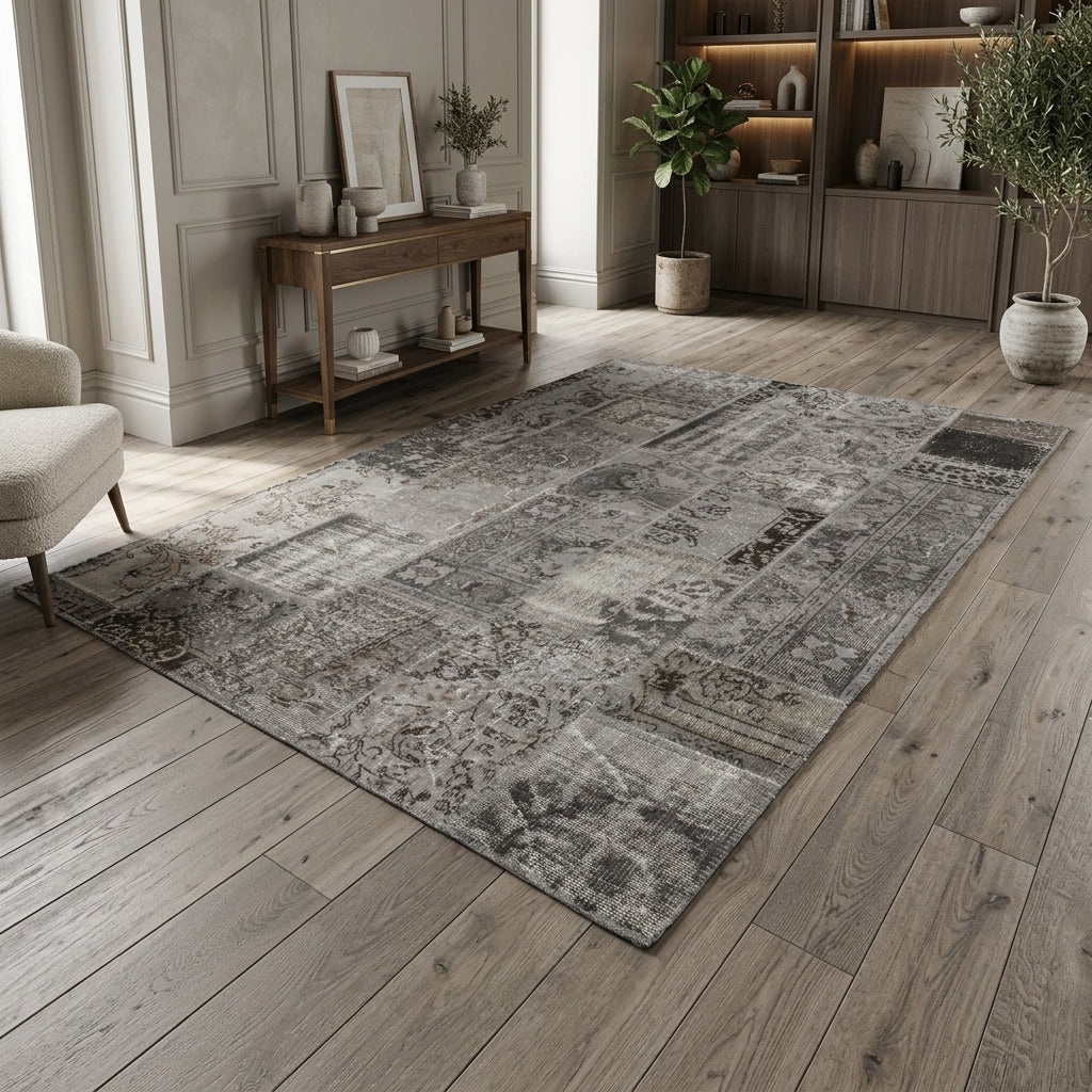 Solid pattern on the Canpezir vintage patchwork area rug – handmade in Anatolia, Turkey
