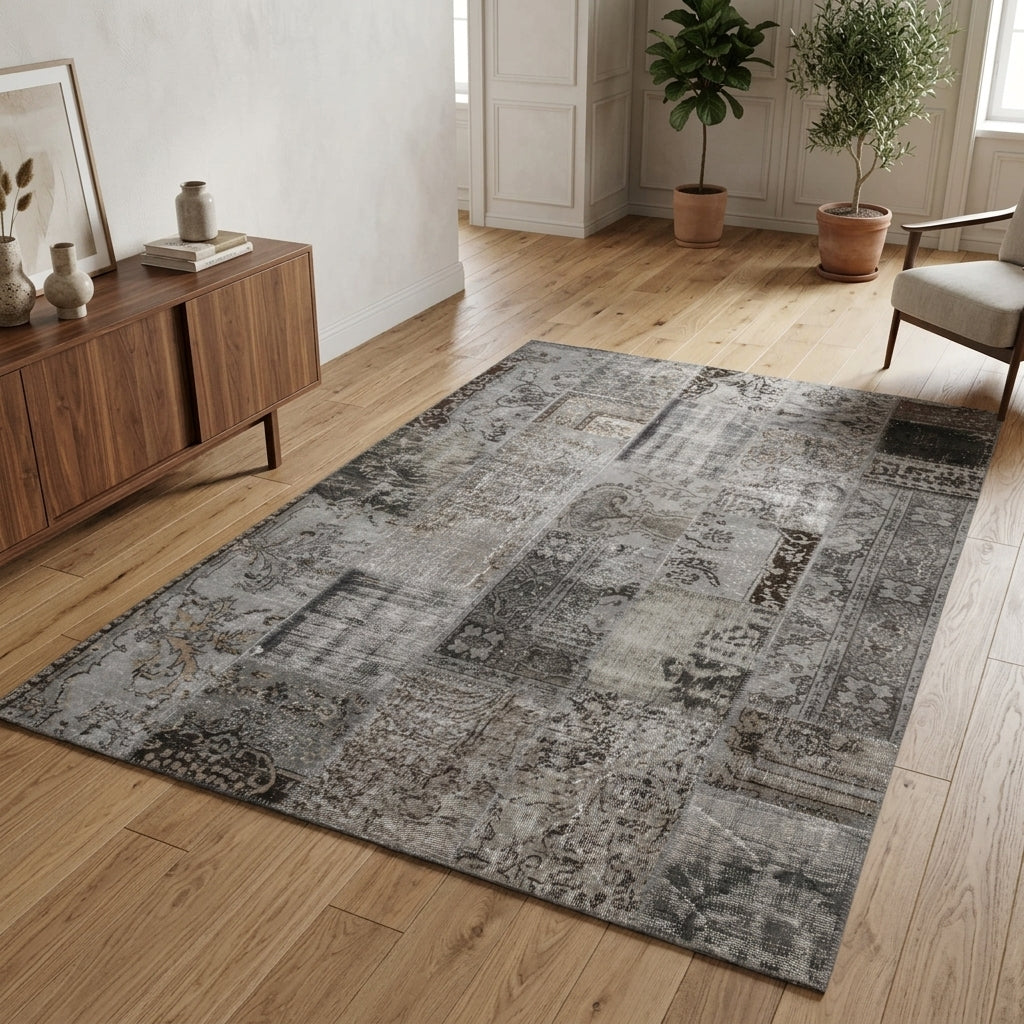 Solid pattern on the Canpezir vintage patchwork area rug – handmade in Anatolia, Turkey