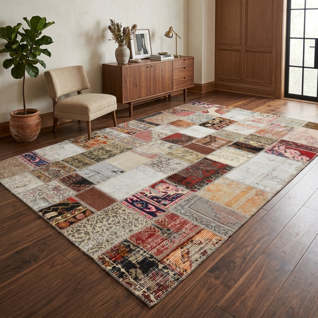 Solid pattern on the Caglanaz vintage patchwork area rug – handmade in Anatolia, Turkey