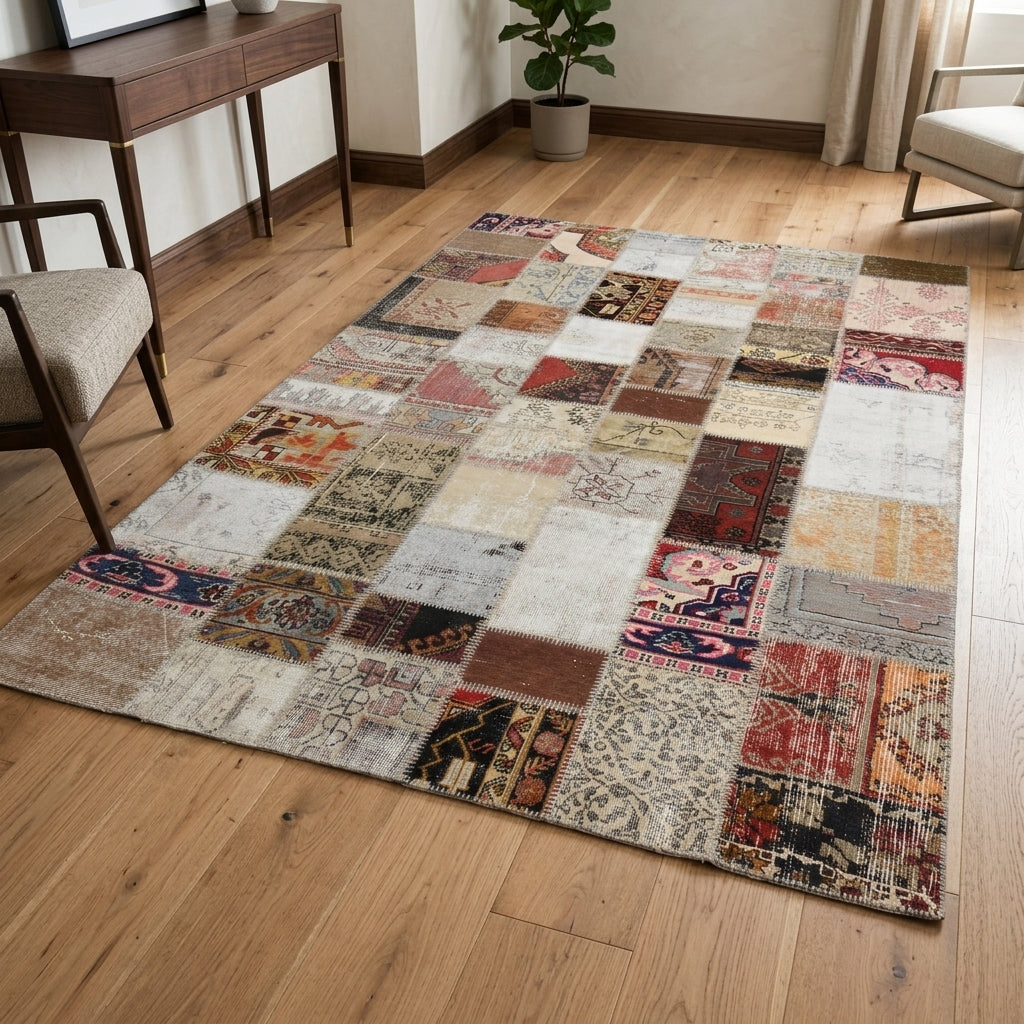 Solid pattern on the Caglanaz vintage patchwork area rug – handmade in Anatolia, Turkey