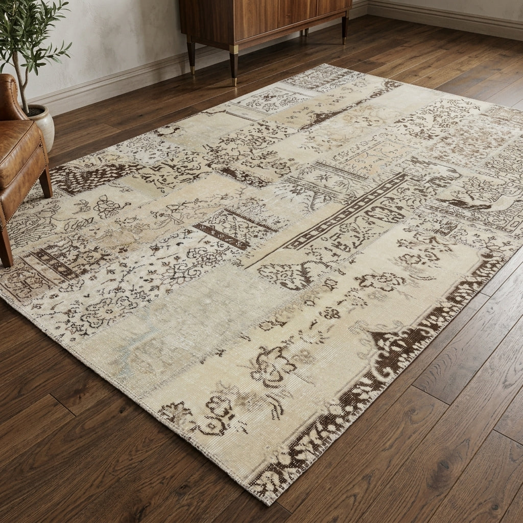 Oriental pattern on the Bulutperi vintage patchwork area rug – handmade in Anatolia, Turkey