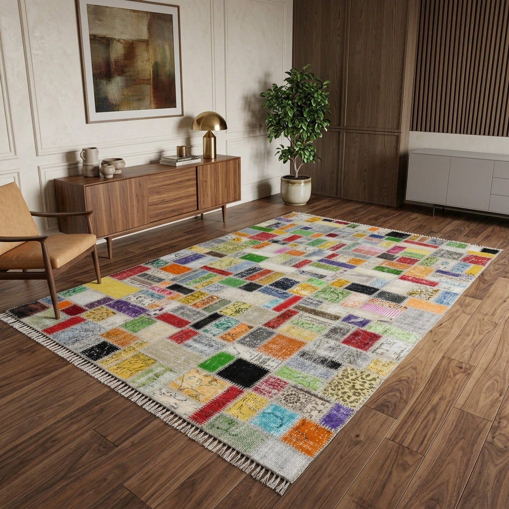 Solid pattern on the Bulutnaz vintage patchwork area rug – handmade in Anatolia, Turkey