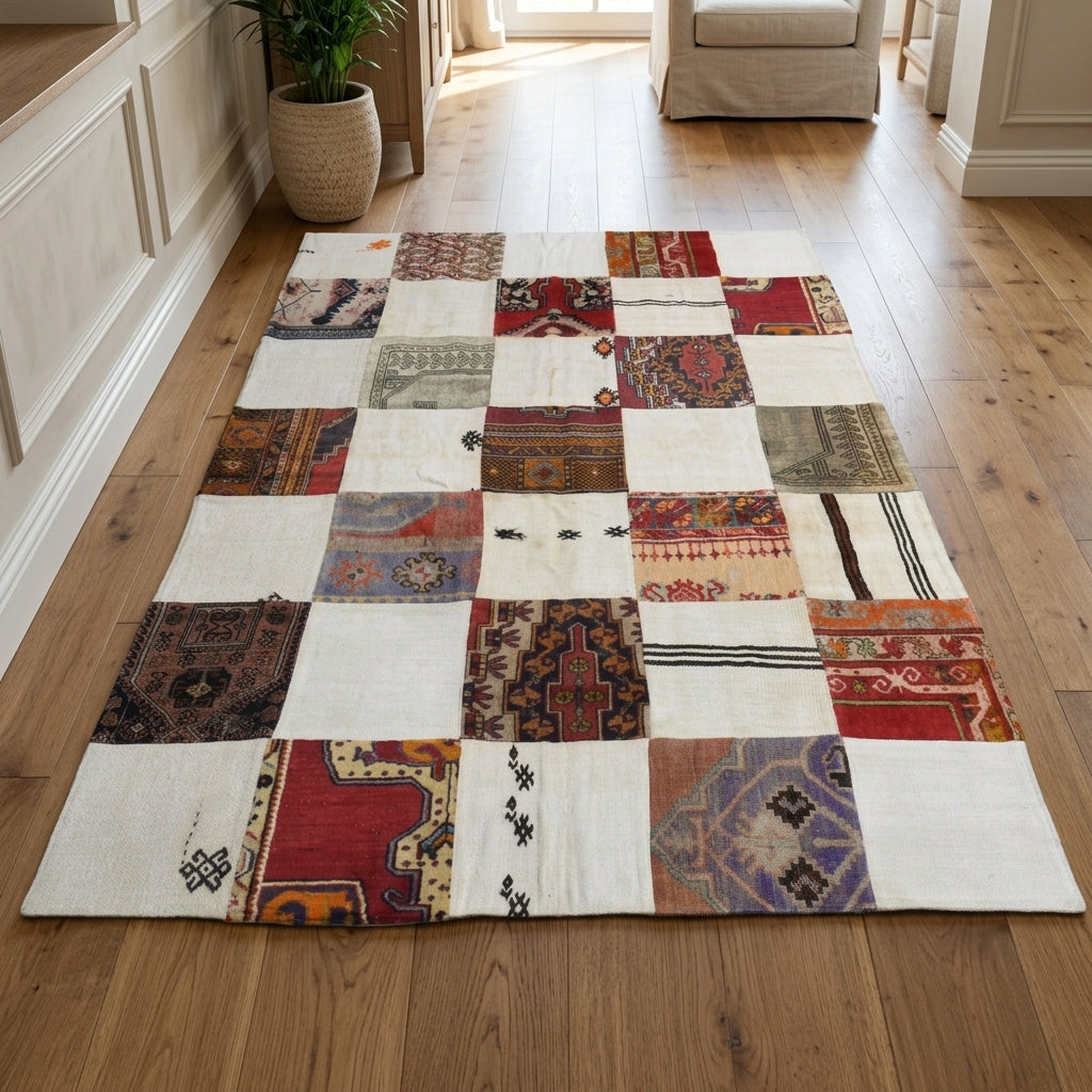 Ikat pattern on the Astrapetra vintage patchwork area rug – handmade in Anatolia, Turkey