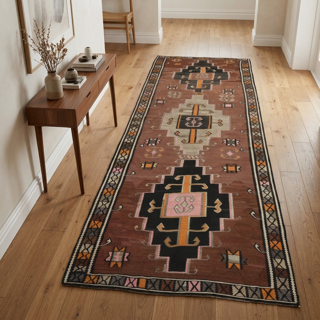 Ikat pattern on the Lysithalia vintage kilim runner rug – handwoven flatweave in Anatolia, Turkey