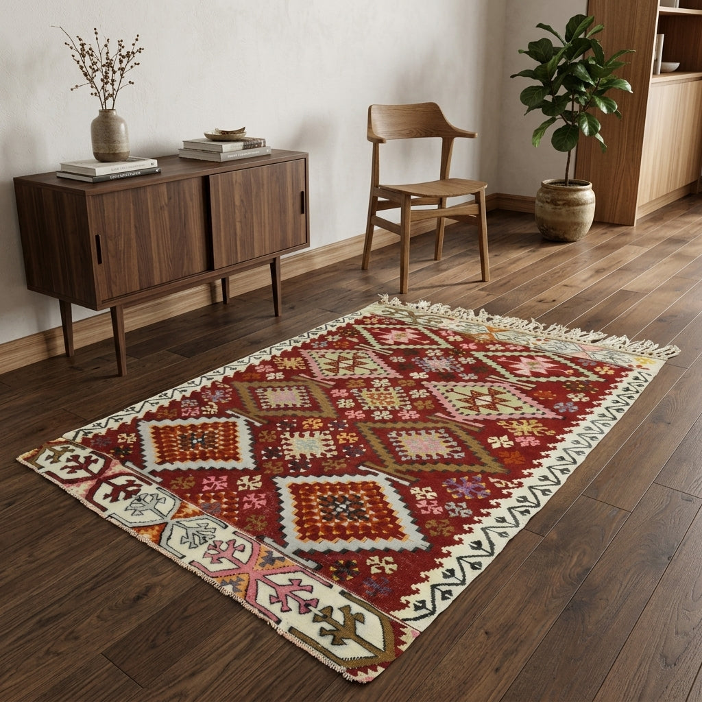 Tribal pattern on the Porphyromeda vintage kilim rug – handwoven flatweave in Anatolia, Turkey