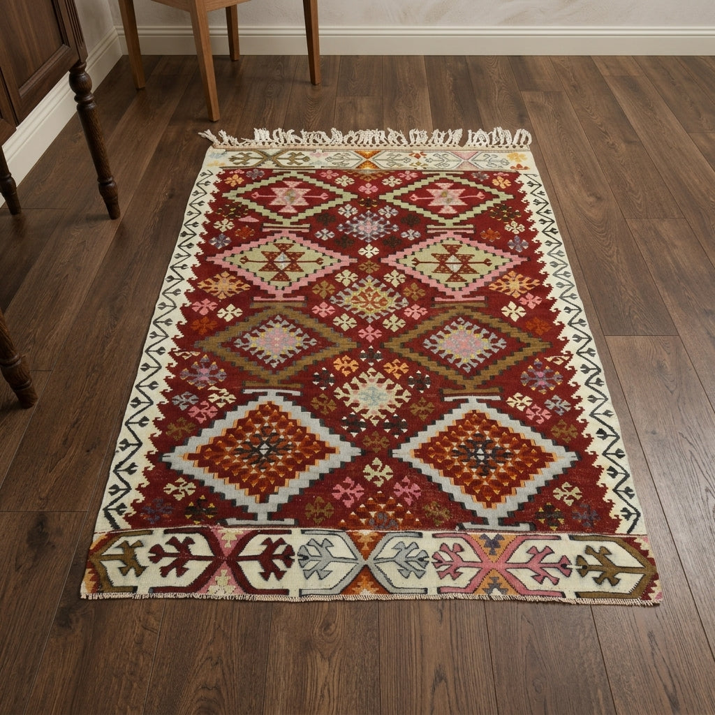 Tribal pattern on the Porphyromeda vintage kilim rug – handwoven flatweave in Anatolia, Turkey
