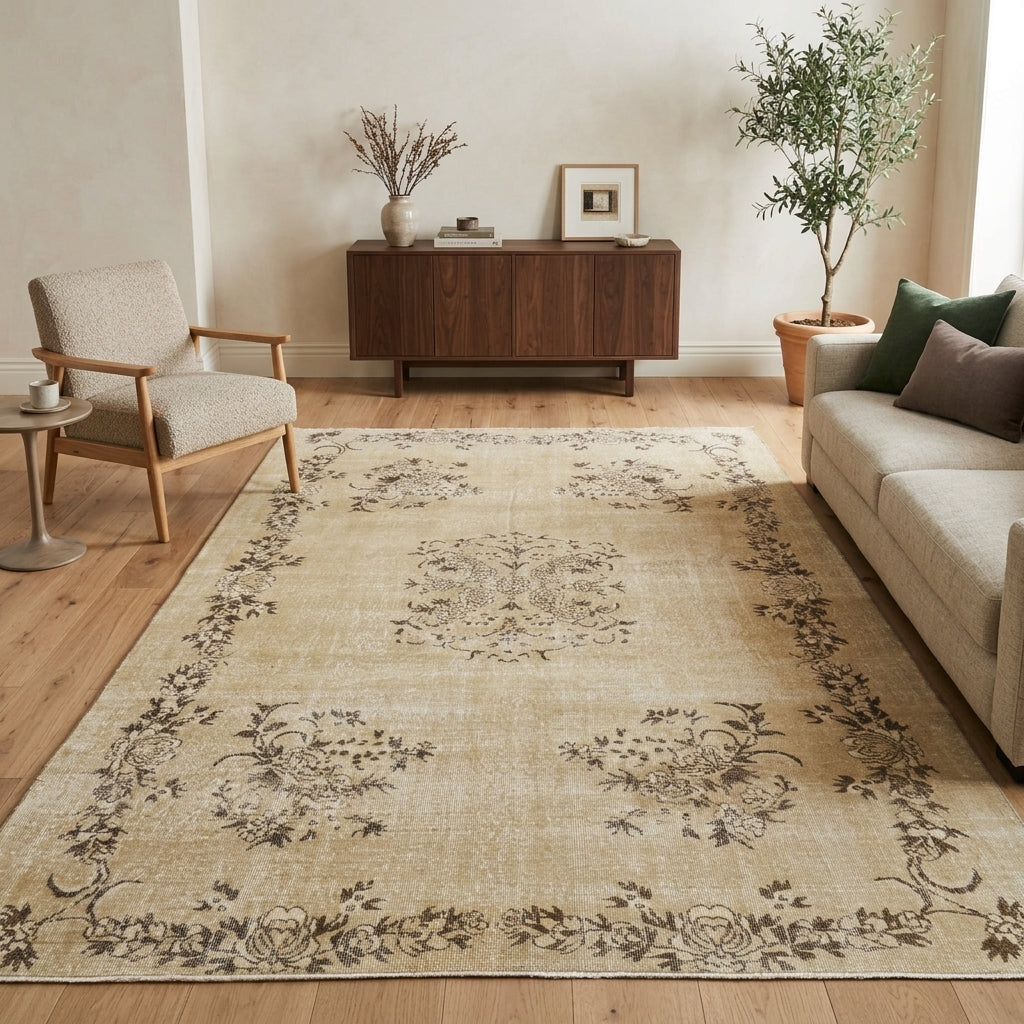 Floral pattern on the Tarabtac vintage area rug – handmade in Oushak, Turkey