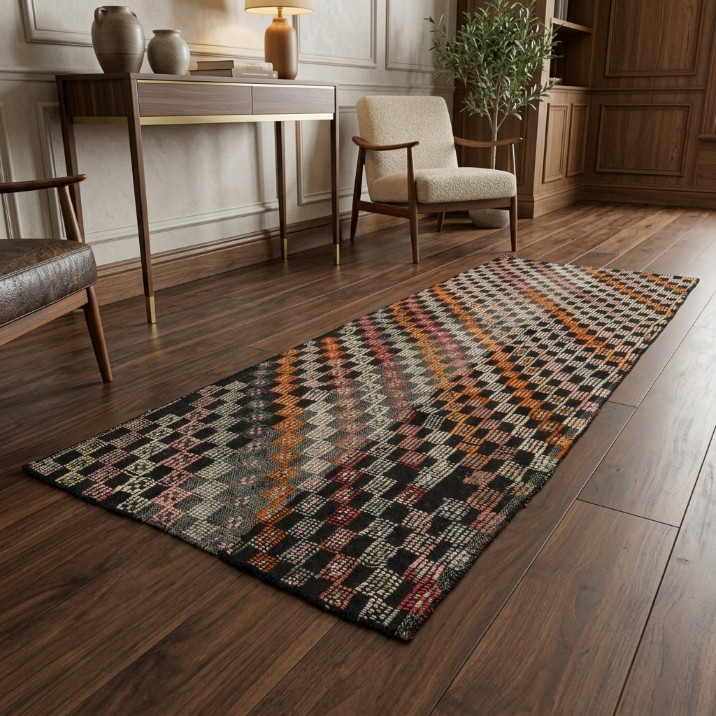 Ikat pattern on the Lysinesia vintage kilim runner rug – handwoven flatweave in Anatolia, Turkey