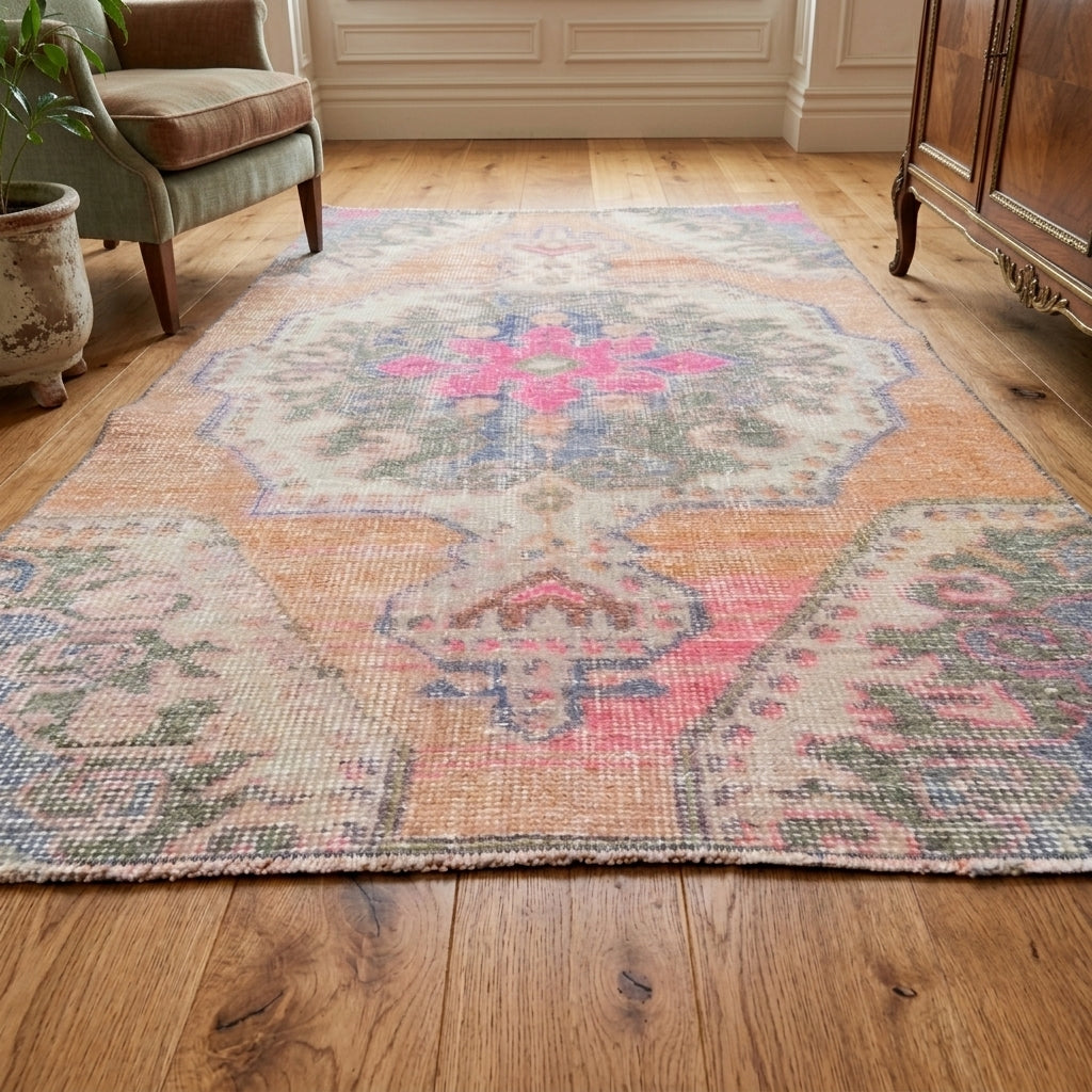 Oriental pattern on the Esentac vintage area rug – handmade in Anatolia, Turkey