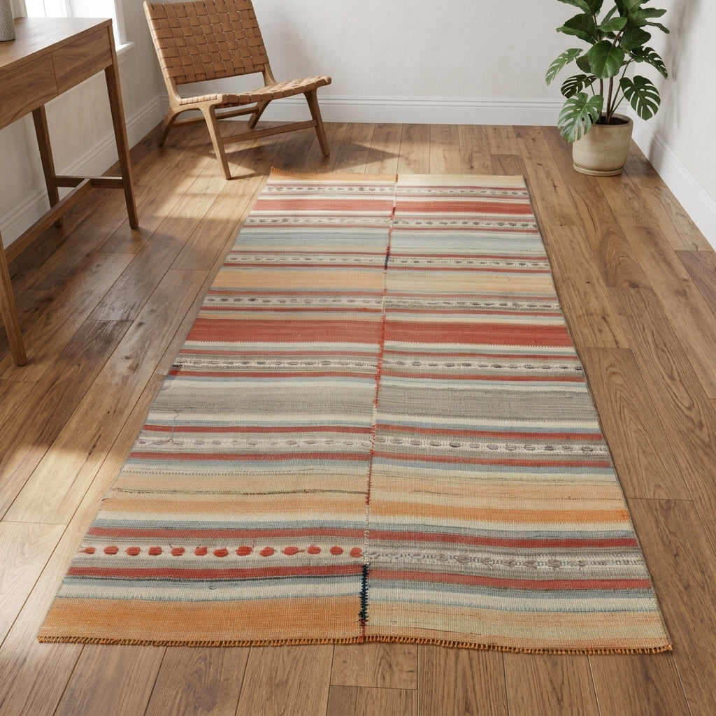 Striped pattern on the Melisbike vintage kilim rug – handwoven flatweave in Anatolia, Turkey