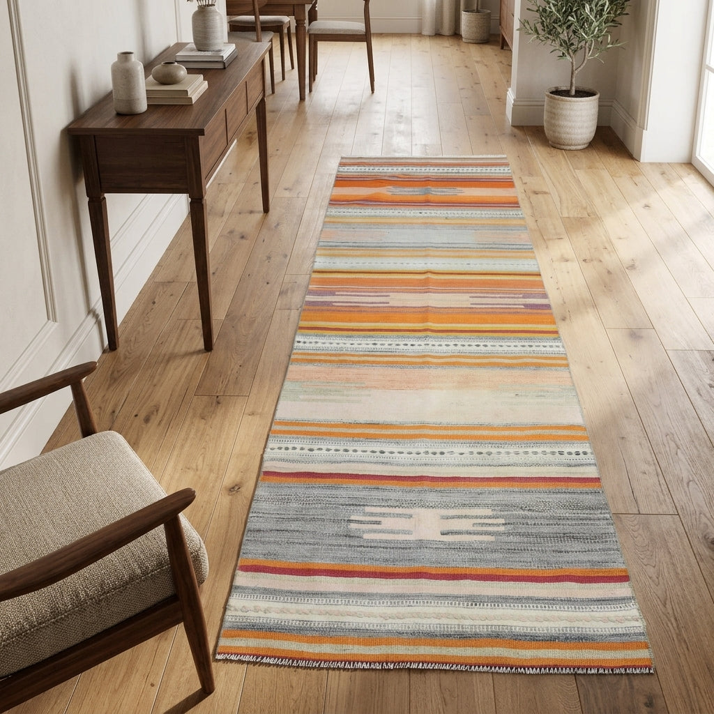 Striped pattern on the Litothymia vintage kilim runner rug – handwoven flatweave in Anatolia, Turkey