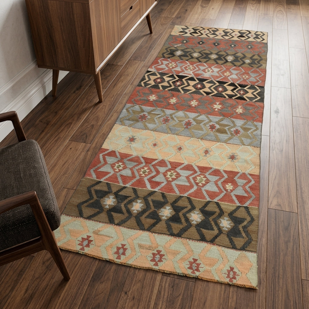 Ikat pattern on the Litotheia vintage kilim runner rug – handwoven flatweave in Anatolia, Turkey