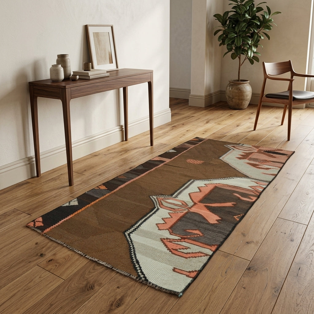Oriental pattern on the Ecepezir vintage kilim rug – handwoven flatweave in Anatolia, Turkey