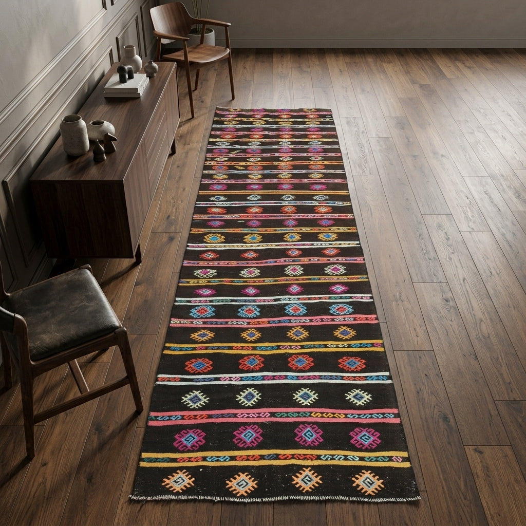 Ikat pattern on the Kyrinia vintage kilim runner rug – handwoven flatweave in Anatolia, Turkey