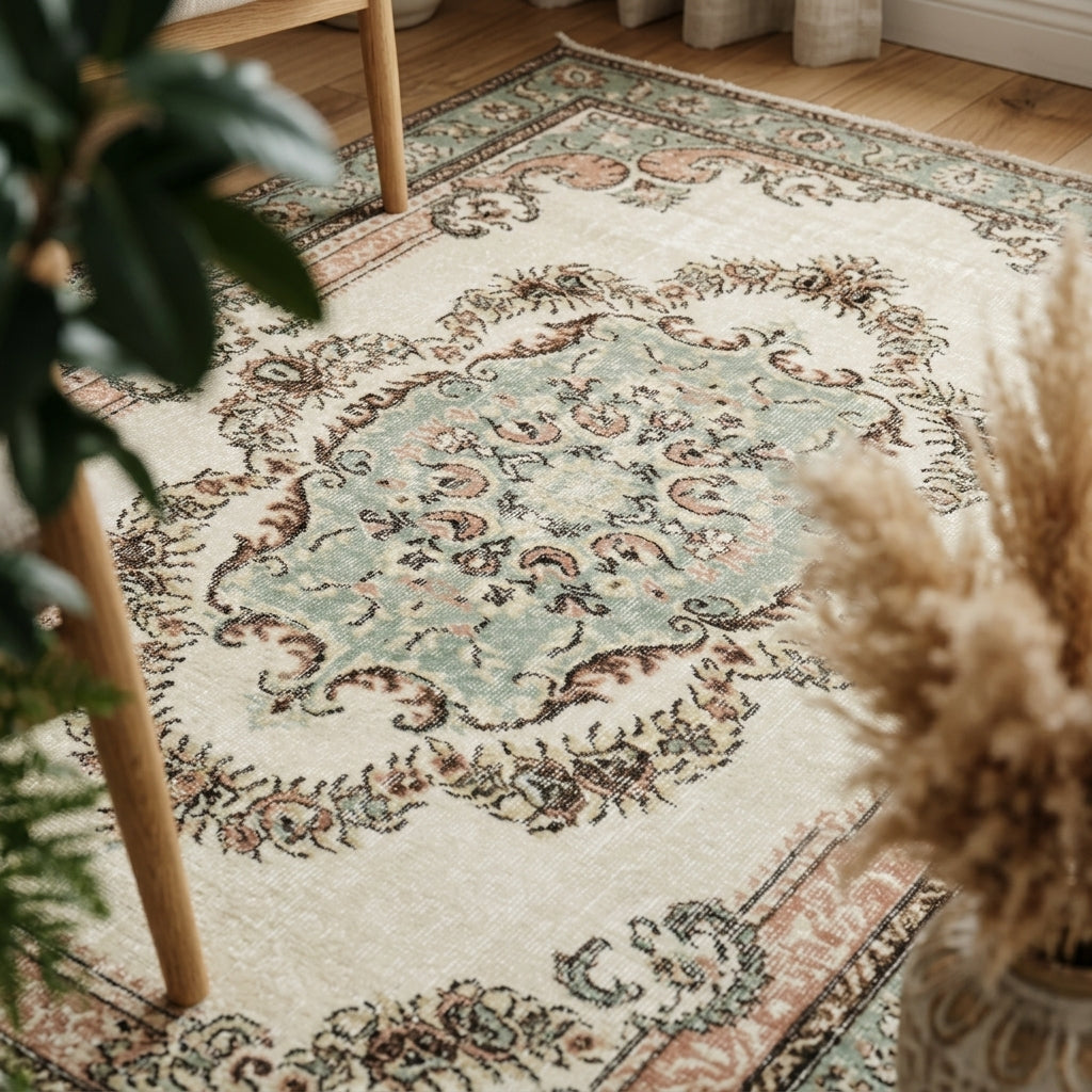 Medallion pattern on the Elmaskusa vintage area rug – handmade in Anatolia, Turkey