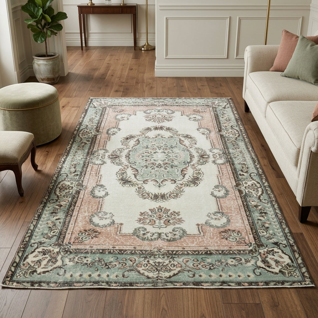 Medallion pattern on the Elmaskusa vintage area rug – handmade in Anatolia, Turkey