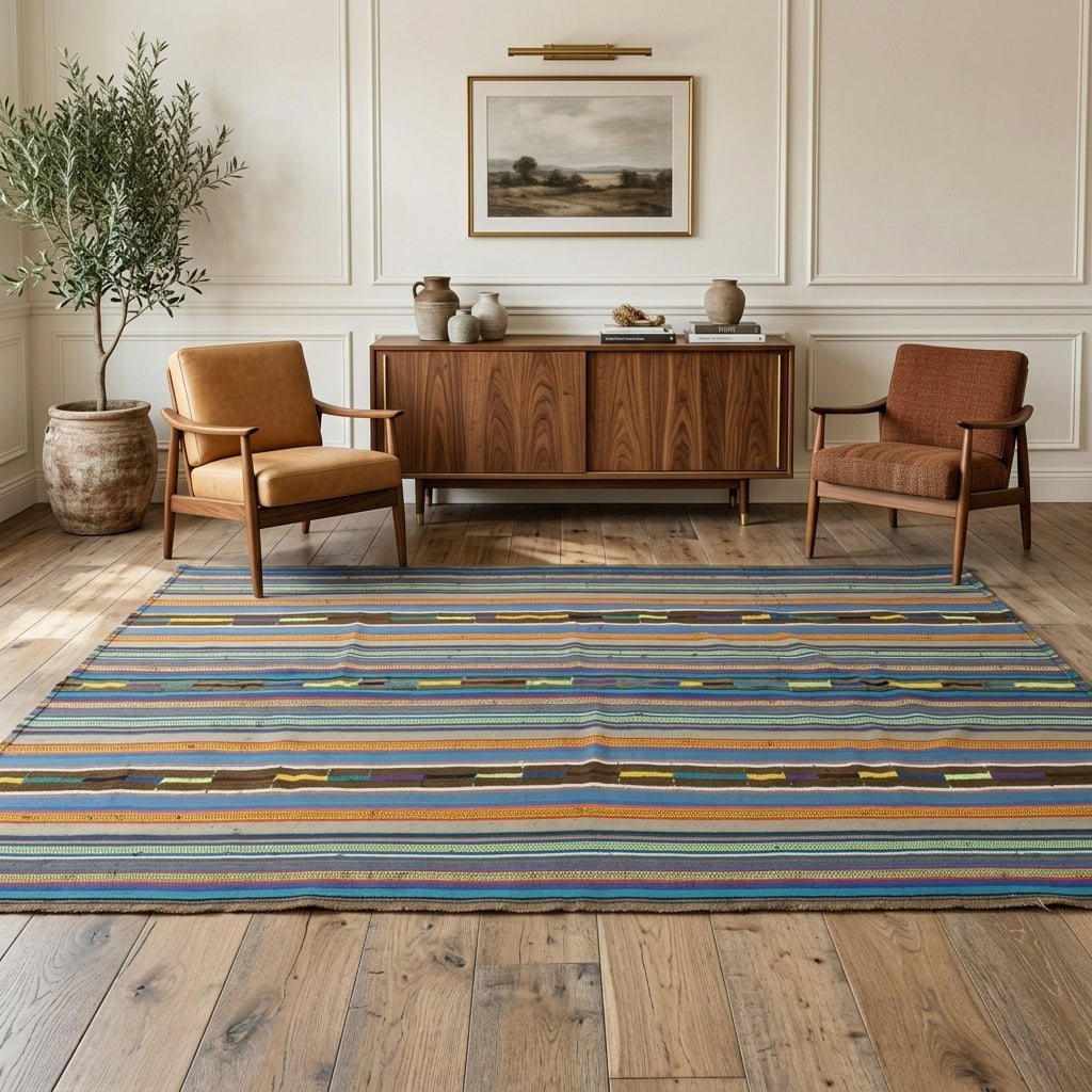 Striped pattern on the Kyanopheme vintage kilim rug – handwoven flatweave in Anatolia, Turkey