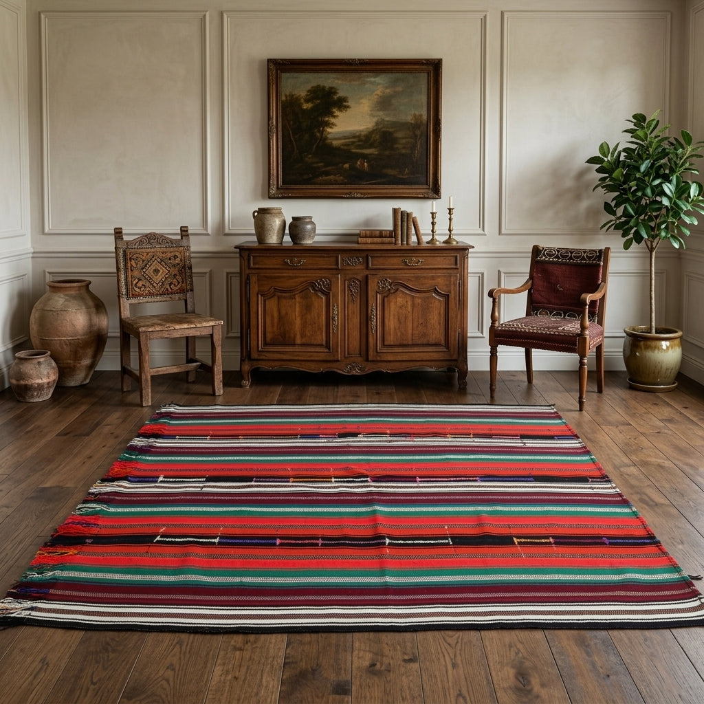 Striped pattern on the Iliolyra vintage kilim rug – handwoven flatweave in Anatolia, Turkey