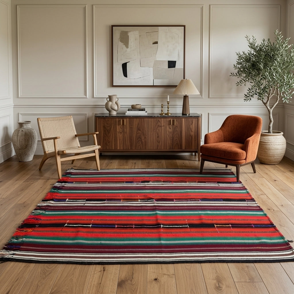 Striped pattern on the Ardicefruz vintage kilim rug – handwoven flatweave in Anatolia, Turkey