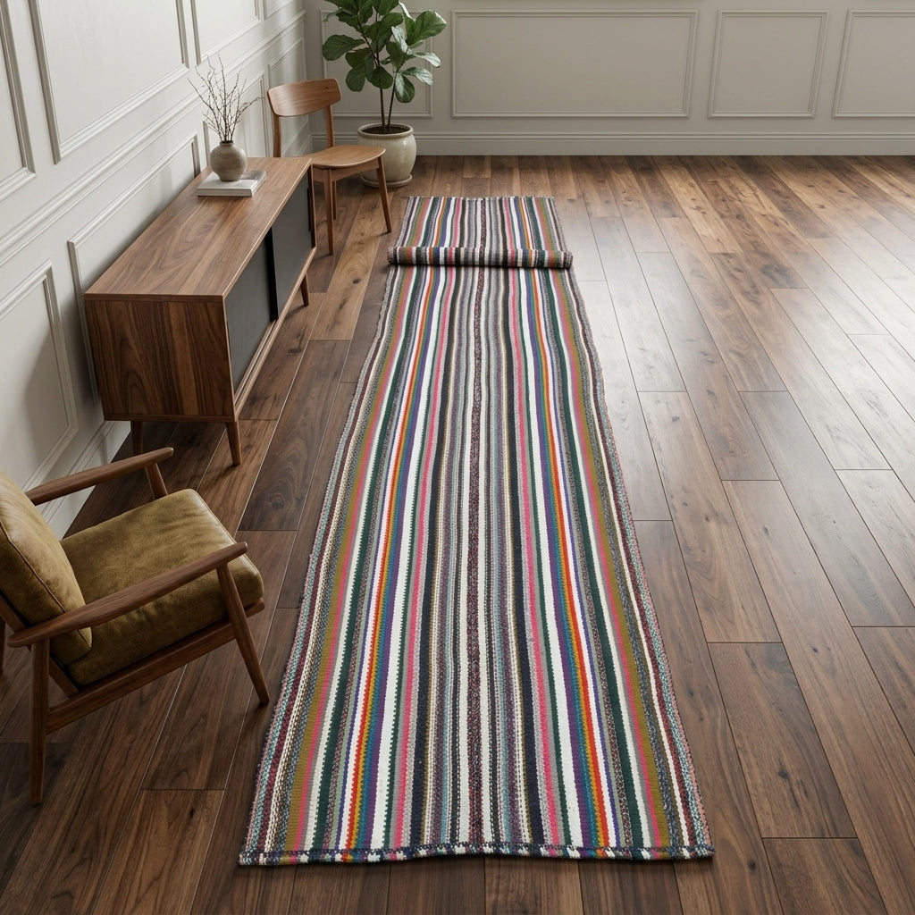 Striped pattern on the Kalomira vintage kilim runner rug – handwoven flatweave in Anatolia, Turkey