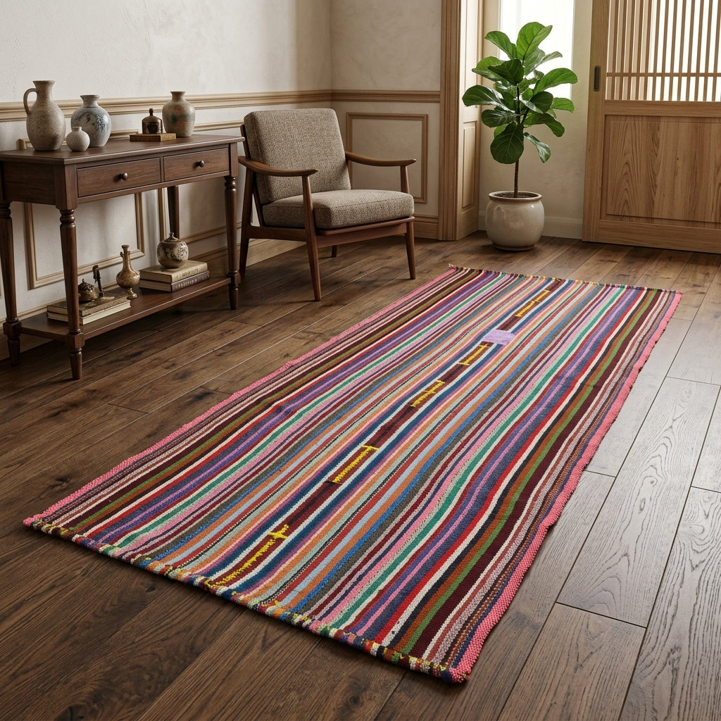 Striped pattern on the Kadifeumut vintage kilim rug – handwoven flatweave in Anatolia, Turkey