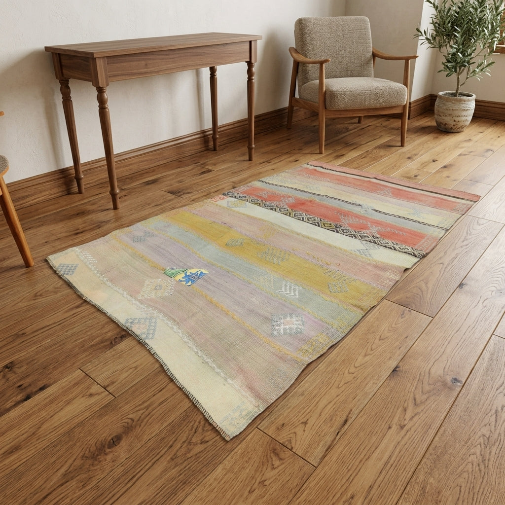 Ikat pattern on the Dutsu vintage kilim rug – handwoven flatweave in Anatolia, Turkey