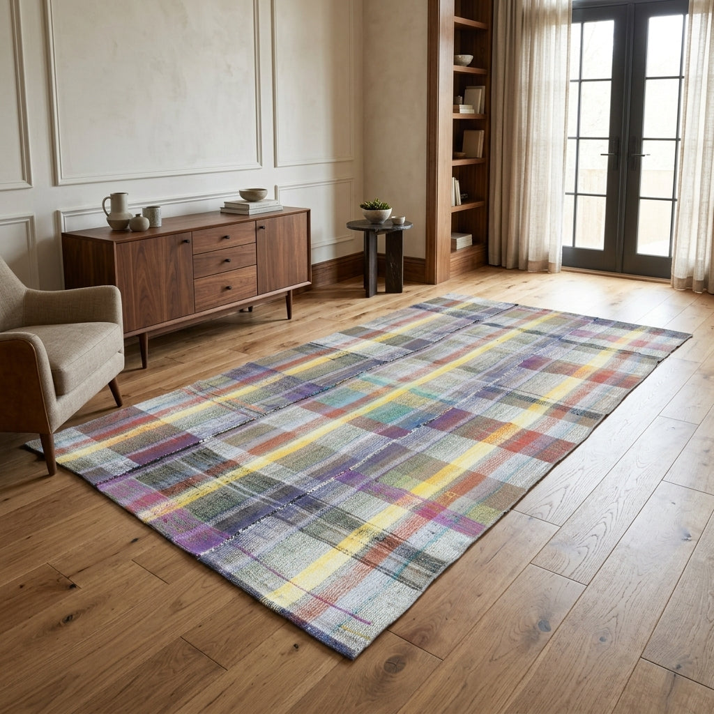 Patchwork pattern on the Siyanet vintage kilim rug – handwoven flatweave in Anatolia, Turkey