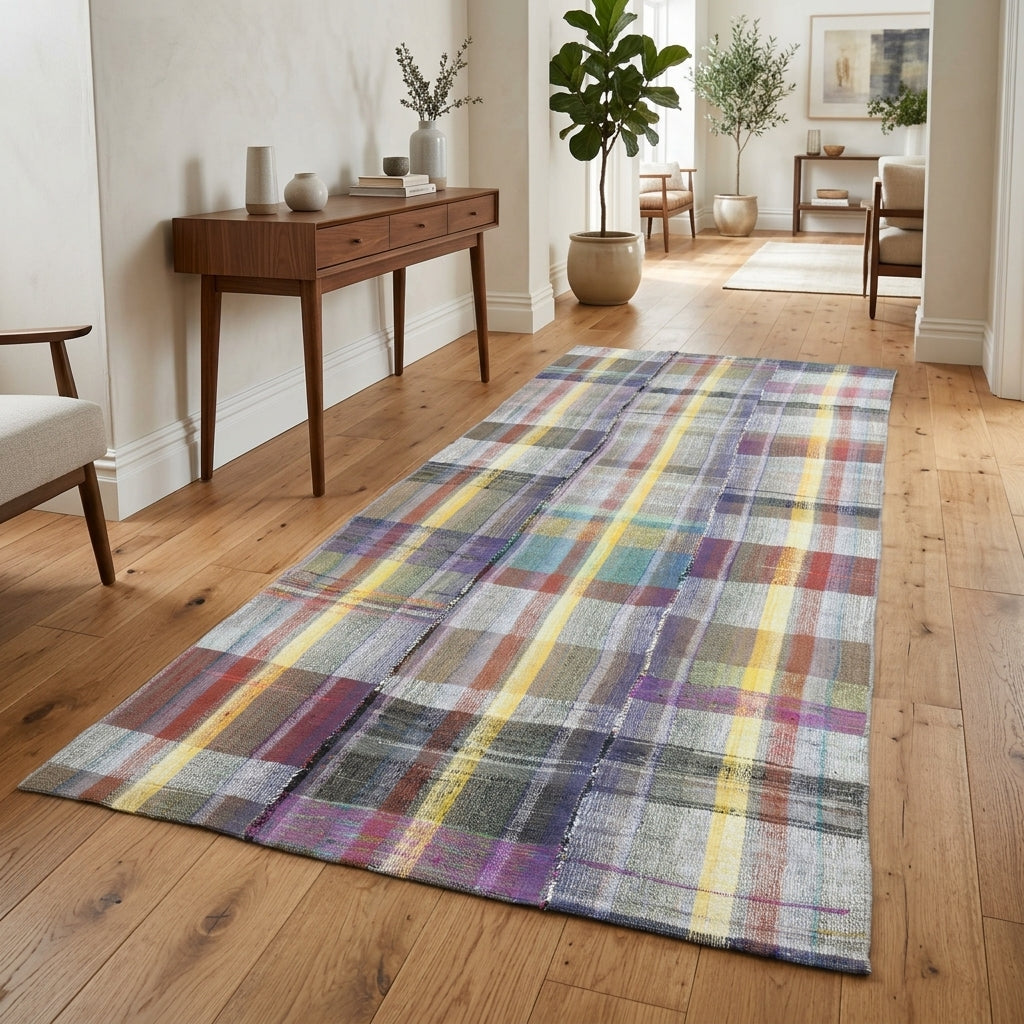 Patchwork pattern on the Siyanet vintage kilim rug – handwoven flatweave in Anatolia, Turkey