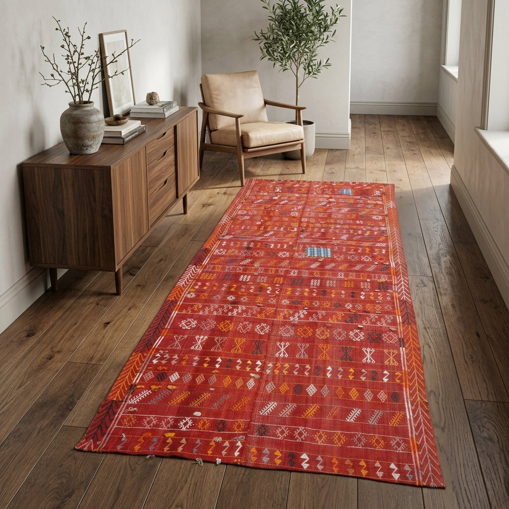 Ikat pattern on the Karanfilbike vintage kilim runner rug – handwoven flatweave in Anatolia, Turkey
