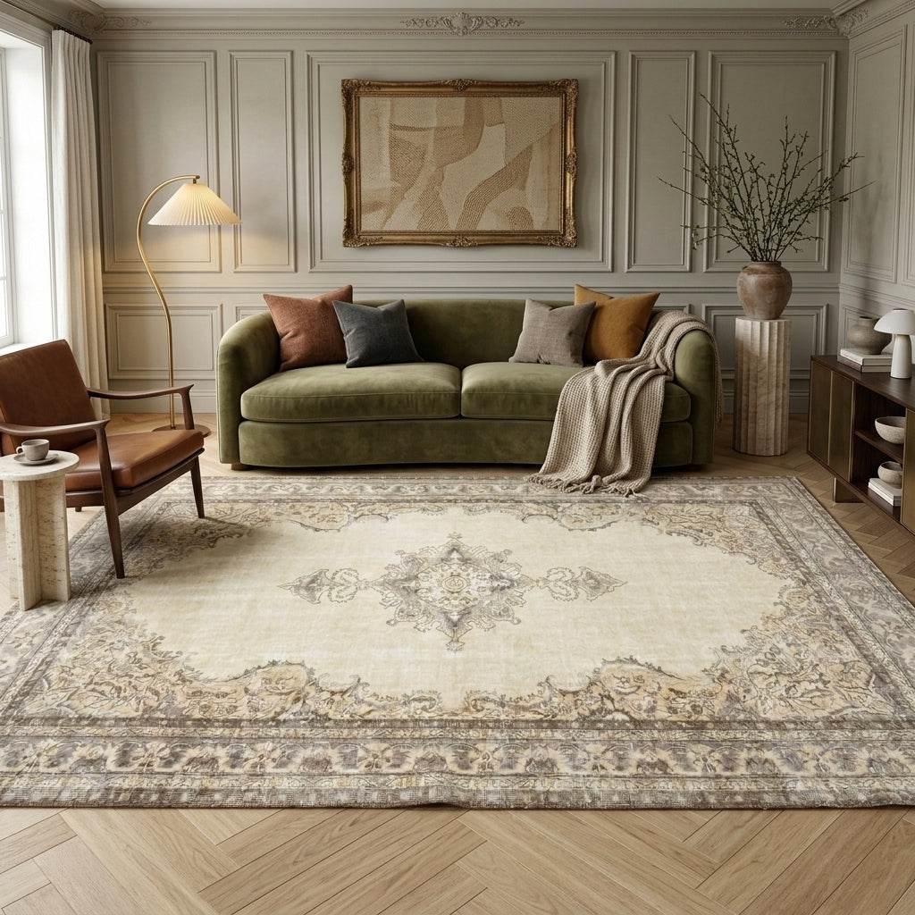 Floral pattern on the Eirenekleia vintage area rug – handmade in Anatolia, Turkey