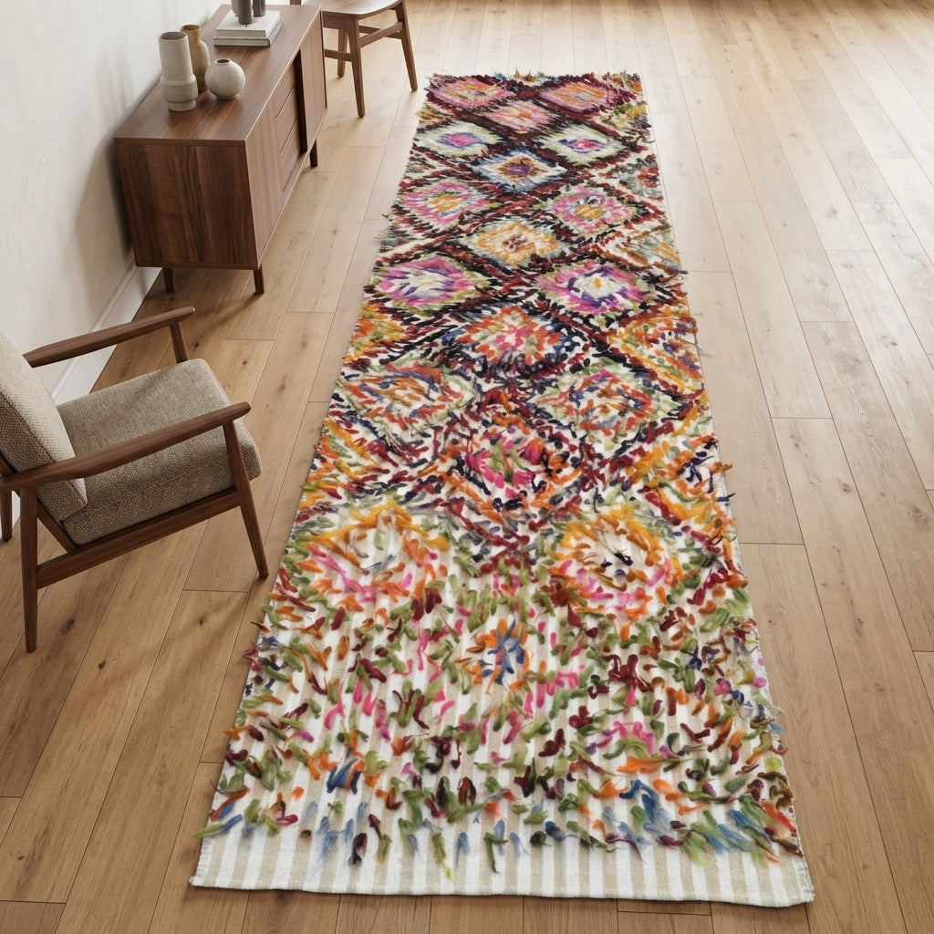 Geometric pattern on the Karanfilban vintage kilim runner rug – handwoven flatweave in Anatolia, Turkey