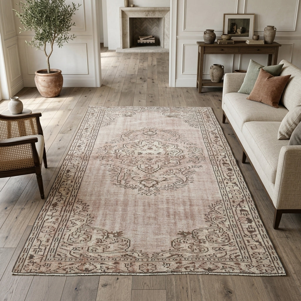 Medallion pattern on the Ebrunisin vintage area rug – handmade in Anatolia, Turkey