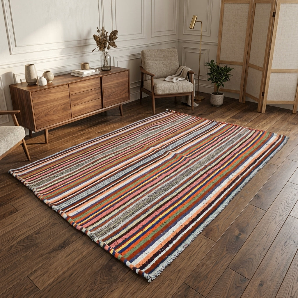 Striped pattern on the Mehisik vintage kilim rug – handwoven flatweave in Anatolia, Turkey