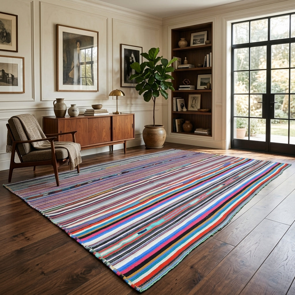 Striped pattern on the Zuhrenur vintage kilim rug – handwoven flatweave in Anatolia, Turkey