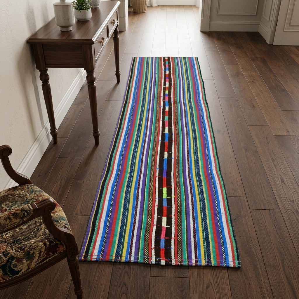 Striped pattern on the Kamelya vintage kilim runner rug – handwoven flatweave in Anatolia, Turkey