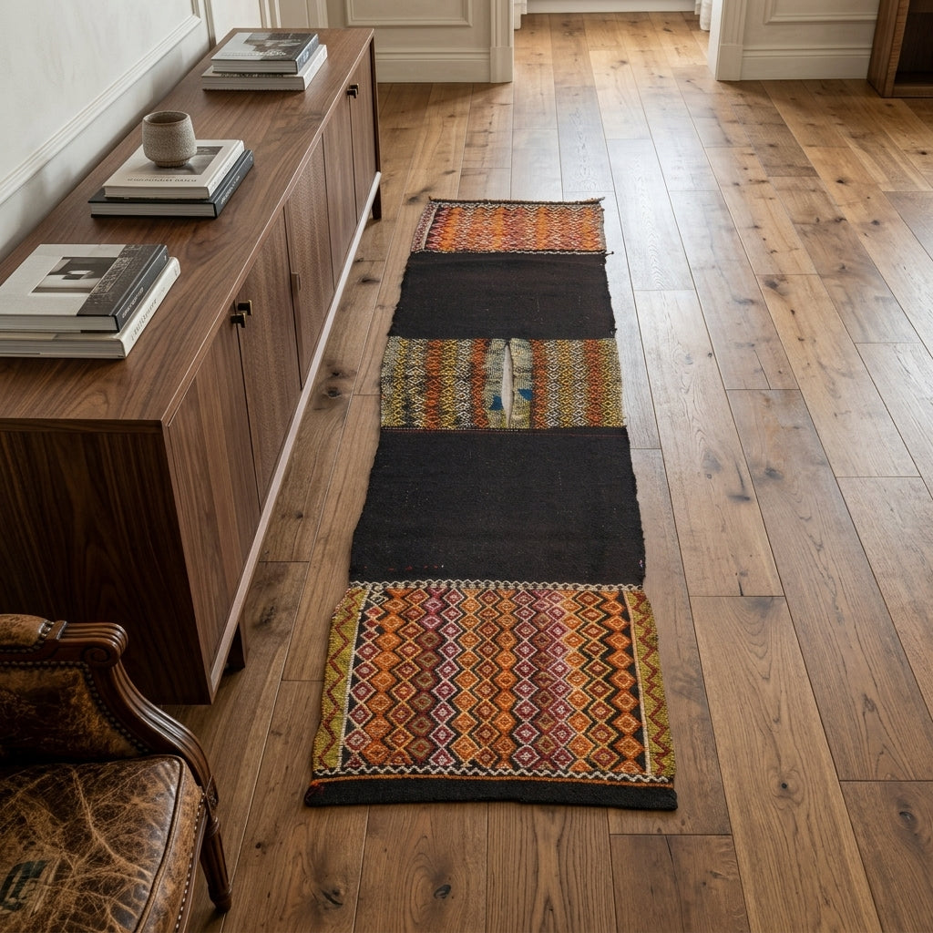 Oriental pattern on the Mycenae vintage kilim runner rug – handwoven flatweave in Anatolia, Turkey